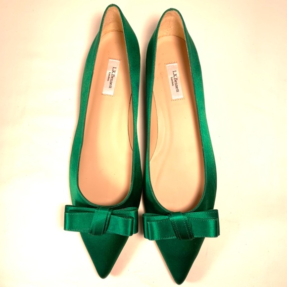 LK Bennett Pointed-Toe Flats in Emerald Green Satin with Bow Detail size 41/10.5 - Picture 2 of 12